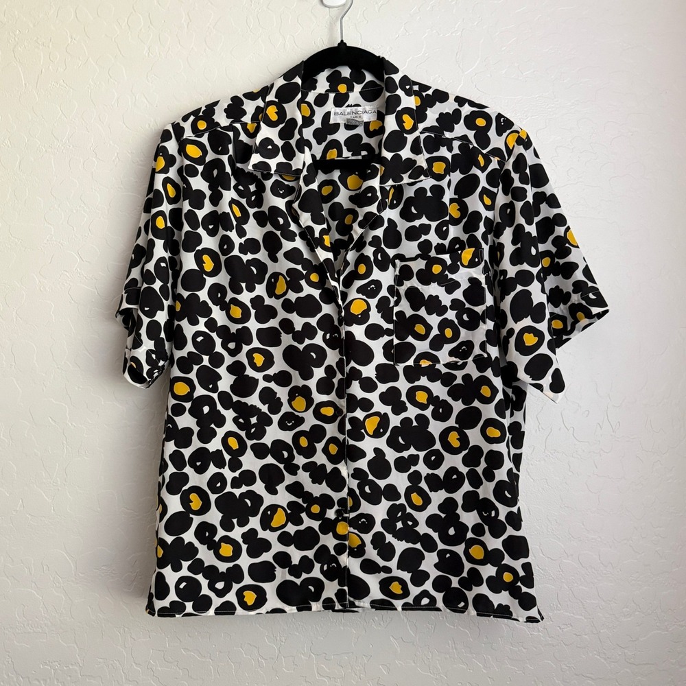 Vintage Balenciaga Women's Button Up‎ Blouse Black Yellow White Leopard Print 14